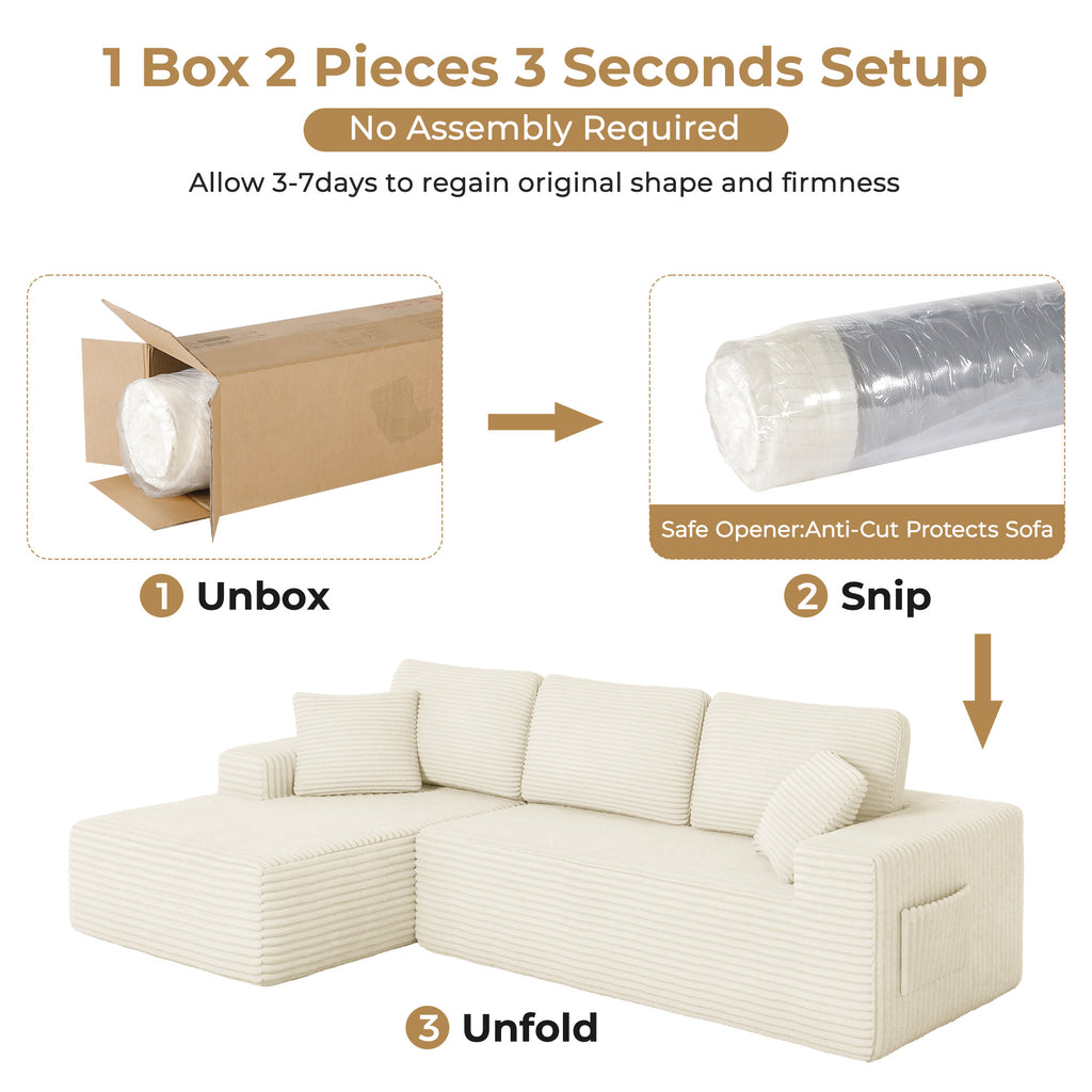 108" Boneless Sofa for Living Room, COFUNOK Modern L-Shaped Corduroy Sectional, Modular Cloud Couch with Deep Seating Upholstered Sofa, Oversized,No Assembly,Beige