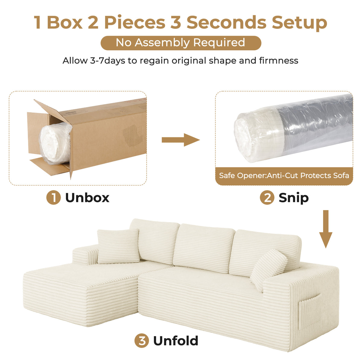 108" Boneless Sofa for Living Room, COFUNOK Modern L-Shaped Corduroy Sectional, Modular Cloud Couch with Deep Seating Upholstered Sofa, Oversized,No Assembly,Beige