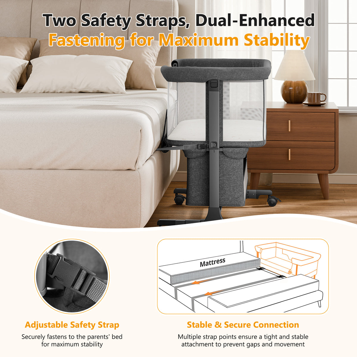 COFUNOK Baby Bassinet,Baby Bassinets Bedside Sleeper With 360° Swivel Wheels,Bedside Bassinet for Newborns,7 Adjustable Height,Full-Mesh Sides,Large Storage Basket-Dark gray