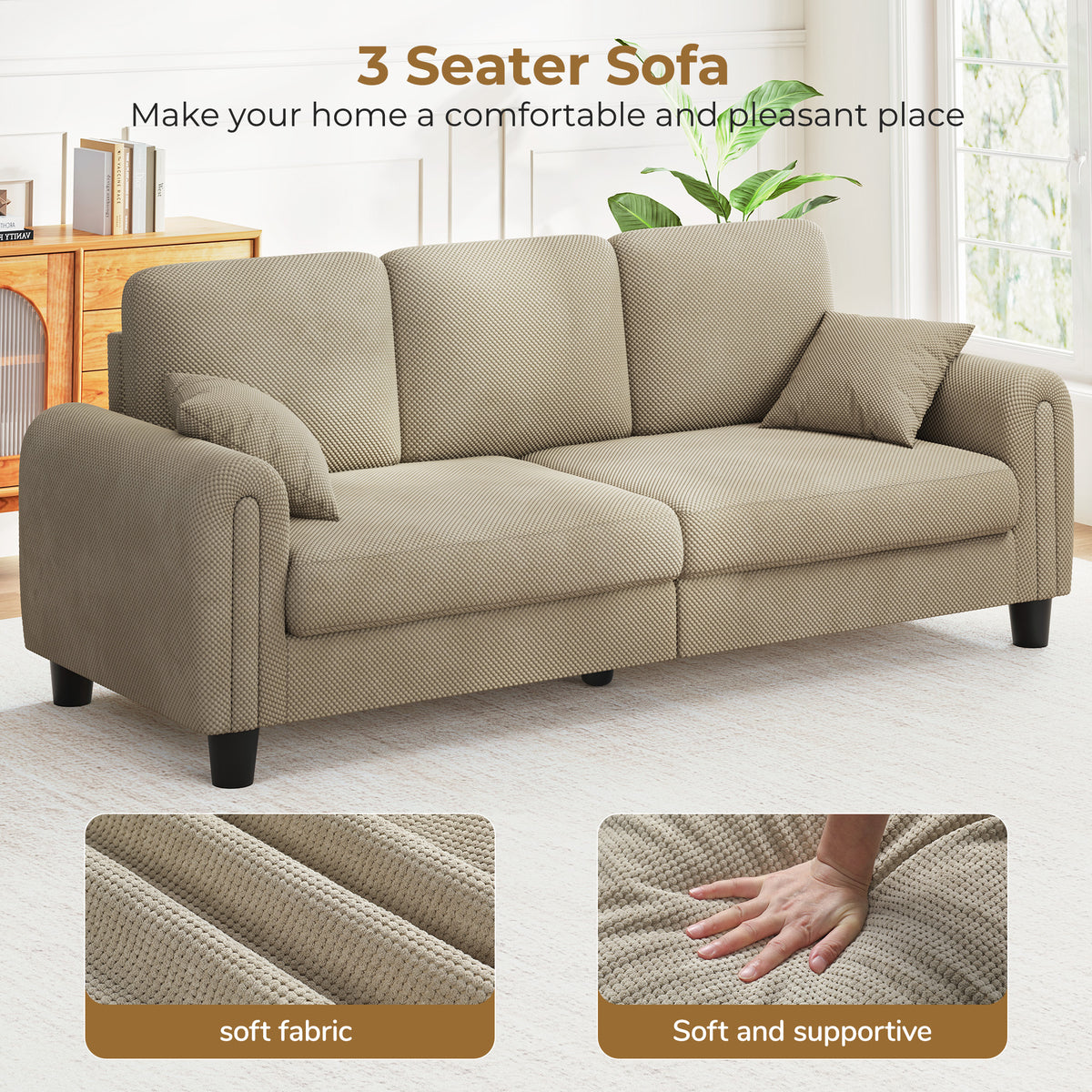 3 Seater Sofa Couches for Living Room, 84.6" Coffee Bean Textured Fabric, 2 Pillows, Camel