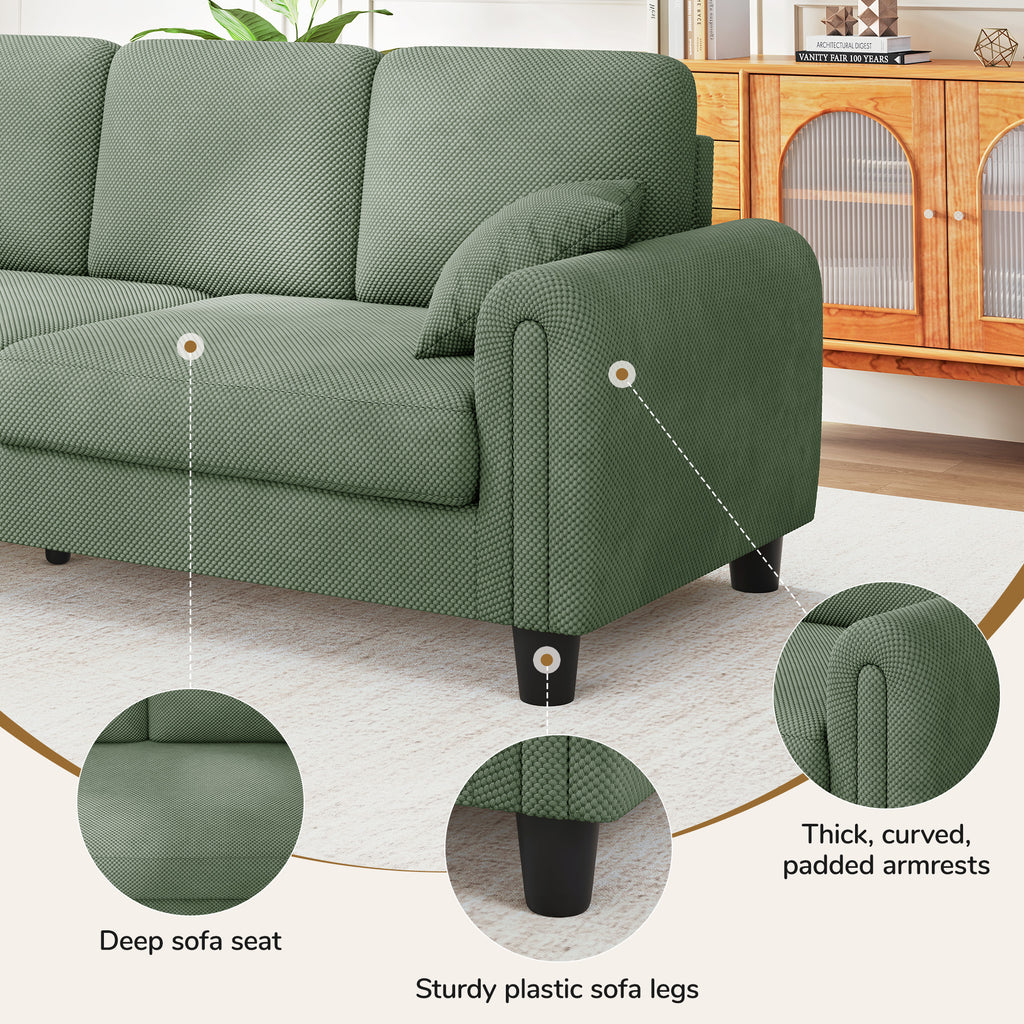 3 Seater Sofa Couches for Living Room, 84.6" Coffee Bean Textured Fabric, 2 Pillows, Green