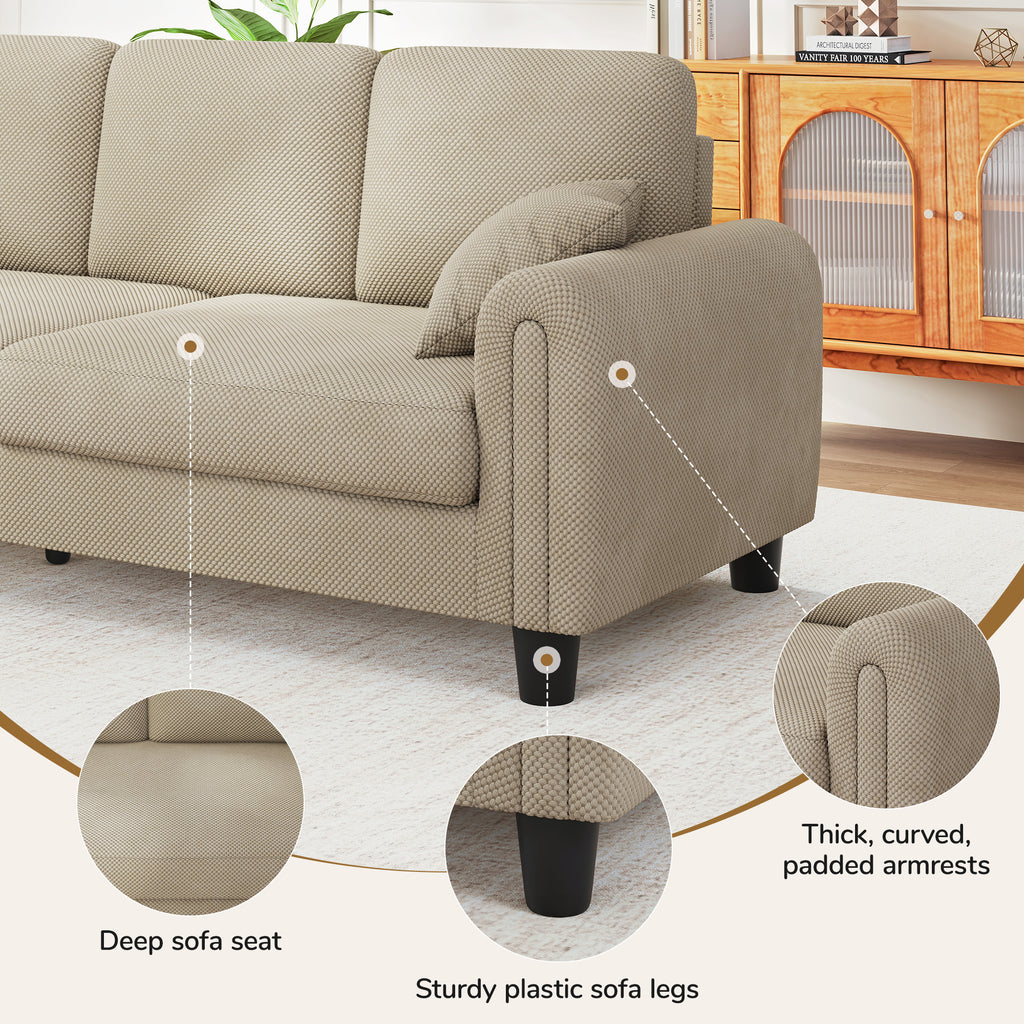 3 Seater Sofa Couches for Living Room, 84.6" Coffee Bean Textured Fabric, 2 Pillows, Camel