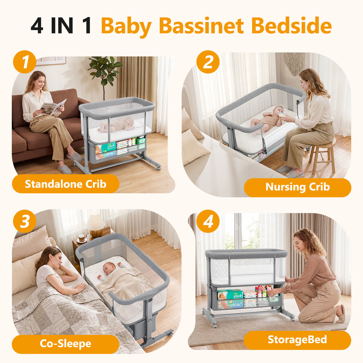 COFUNOK Baby Bassinet,Bedside Bassinet for Baby,Baby Bassinets Bedside Sleeper for Newborns,With 360° Swivel Wheels,7 Adjustable Height,Full-Mesh Sides,Large Storage Basket-Light gray