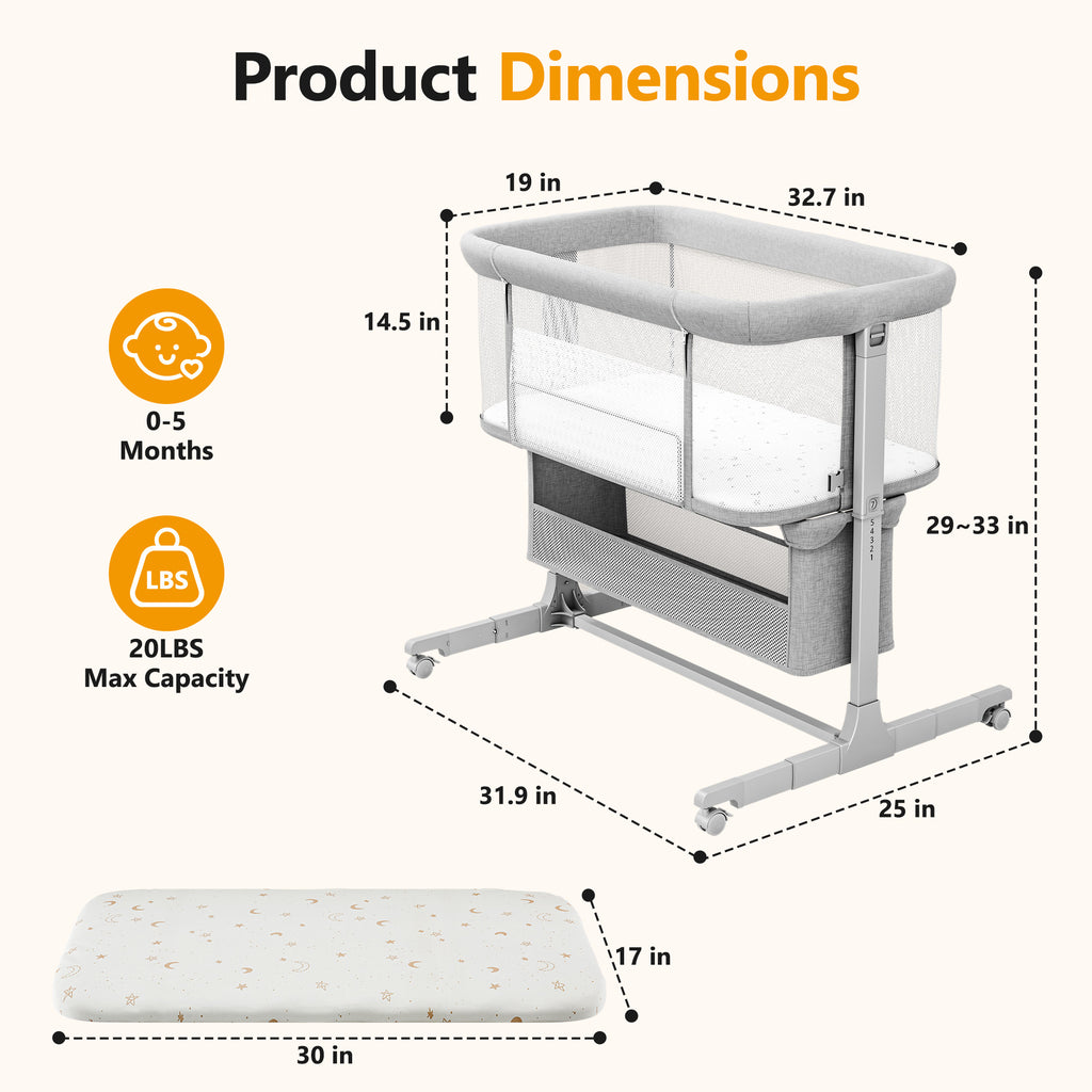COFUNOK Baby Bassinet,Bedside Bassinet for Baby,Baby Bassinets Bedside Sleeper for Newborns,With 360° Swivel Wheels,7 Adjustable Height,Full-Mesh Sides,Large Storage Basket-Light gray