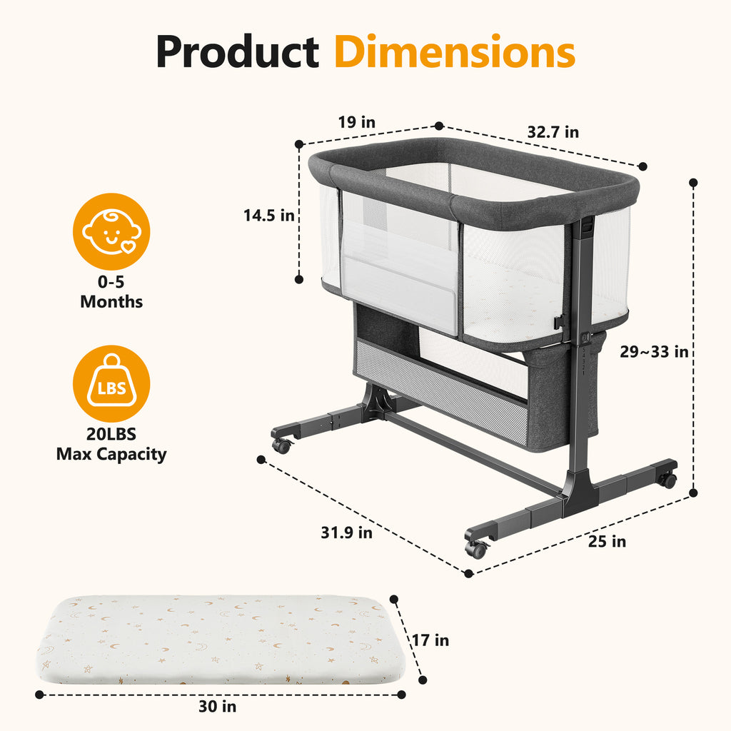 COFUNOK Baby Bassinet,Baby Bassinets Bedside Sleeper With 360° Swivel Wheels,Bedside Bassinet for Newborns,7 Adjustable Height,Full-Mesh Sides,Large Storage Basket-Dark gray