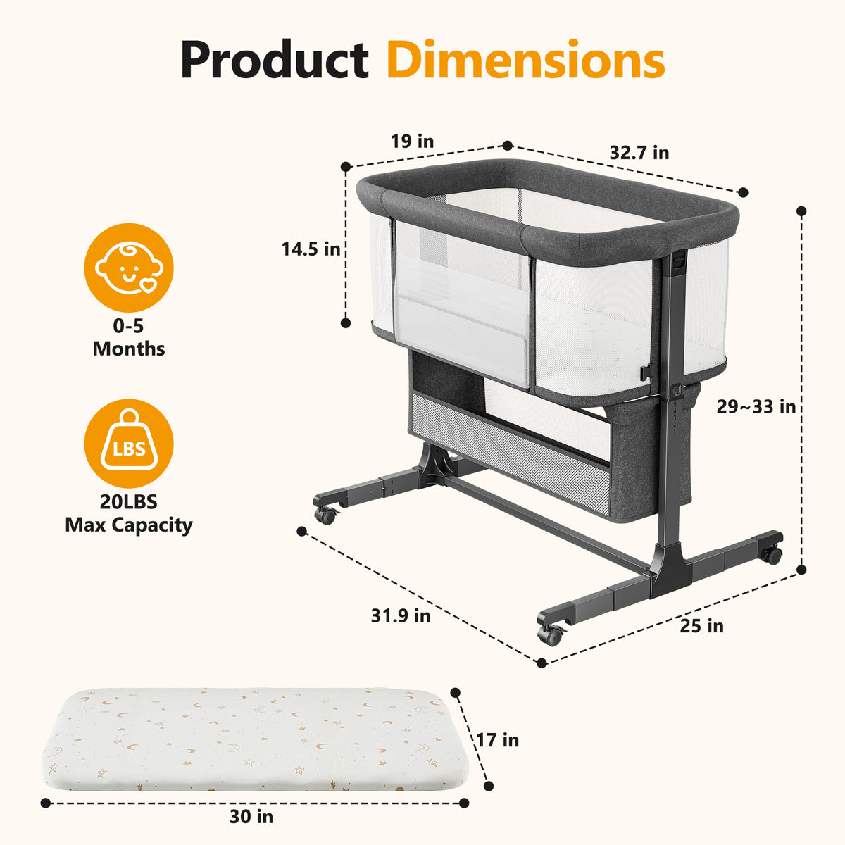 COFUNOK Baby Bassinet,Baby Bassinets Bedside Sleeper With 360° Swivel Wheels,Bedside Bassinet for Newborns,7 Adjustable Height,Full-Mesh Sides,Large Storage Basket-Dark gray