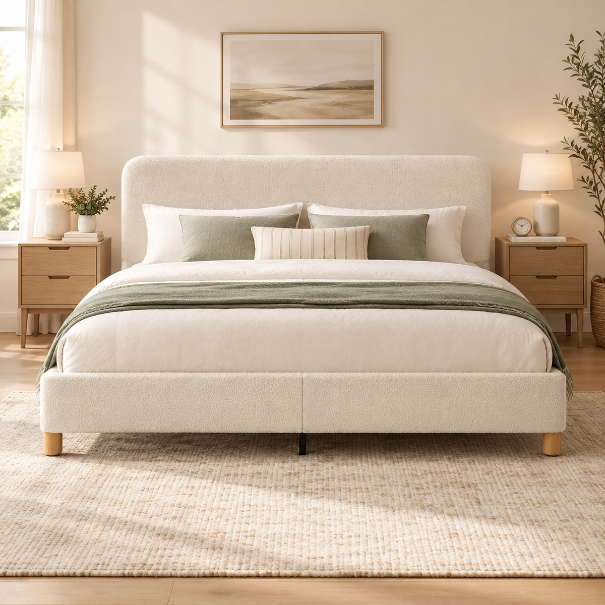 COFUNOK King Boucle Bed Frame with Adjustable Headboard, Upholstered Platform Bed, Wood Legs, No Box Spring Needed, Cream