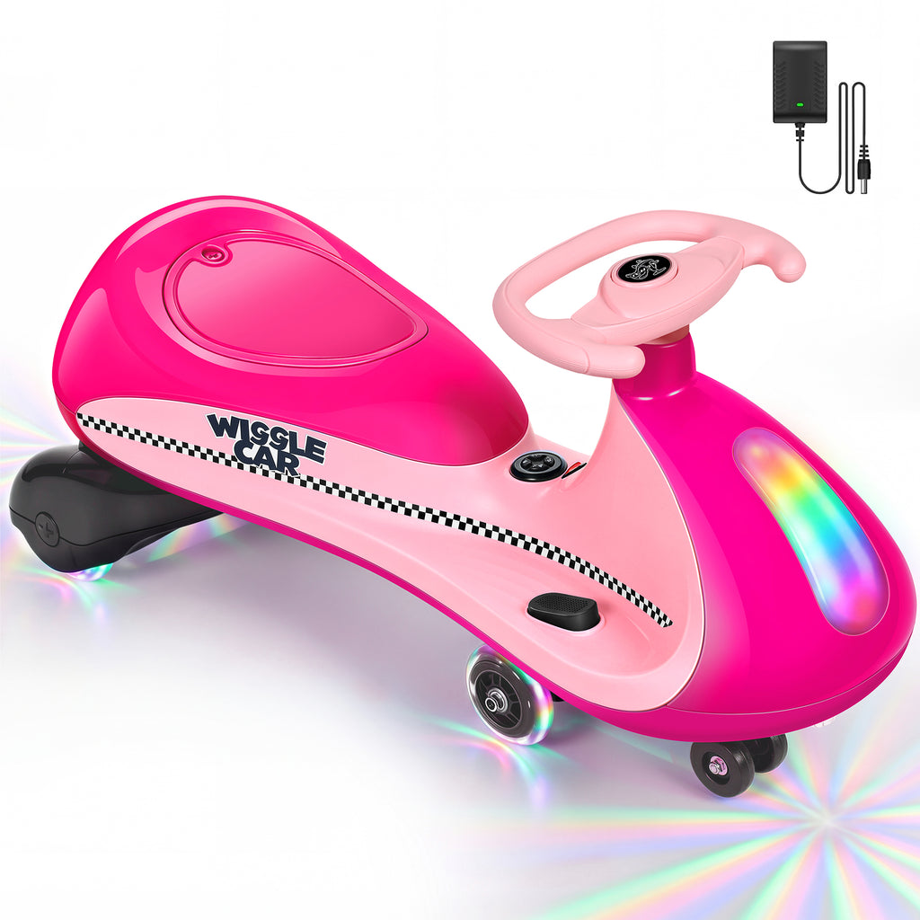 COFUNOK 12V Electric Wiggle Car for Kids Ages 3+, 2-in-1 Swing Ride-on Toy, Dual Motors, 2 Speeds up to 4 mph, LED Lights, Bluetooth, 150 lbs, Pink