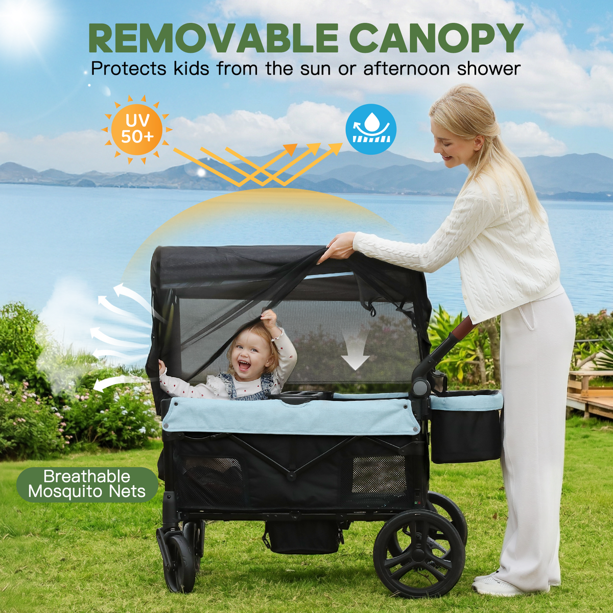 COFUNOK 2-Seater Wagon Stroller with Canopy, All-Terrain Wheels, Safety Harness, Storage Basket, Cup Holders, Portable Outdoor Wagon Stroller for Kids, Beach, Park, Picnic, Travel, Blue