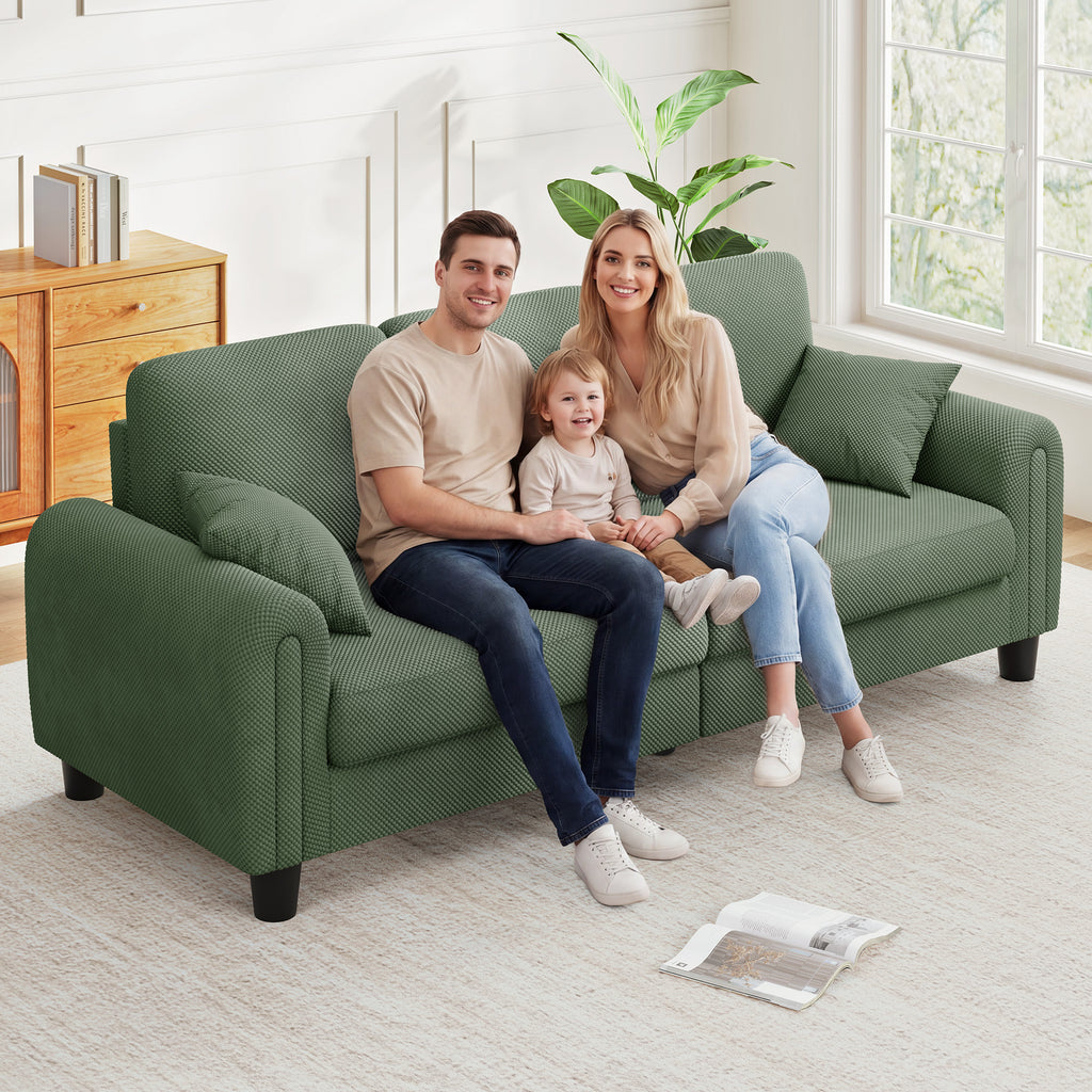 3 Seater Sofa Couches for Living Room, 84.6" Coffee Bean Textured Fabric, 2 Pillows, Green