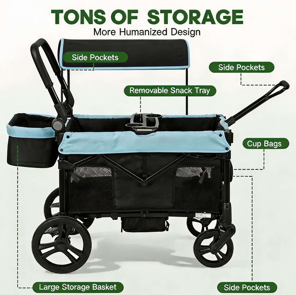 COFUNOK 2-Seater Wagon Stroller with Canopy, All-Terrain Wheels, Safety Harness, Storage Basket, Cup Holders, Portable Outdoor Wagon Stroller for Kids, Beach, Park, Picnic, Travel, Blue