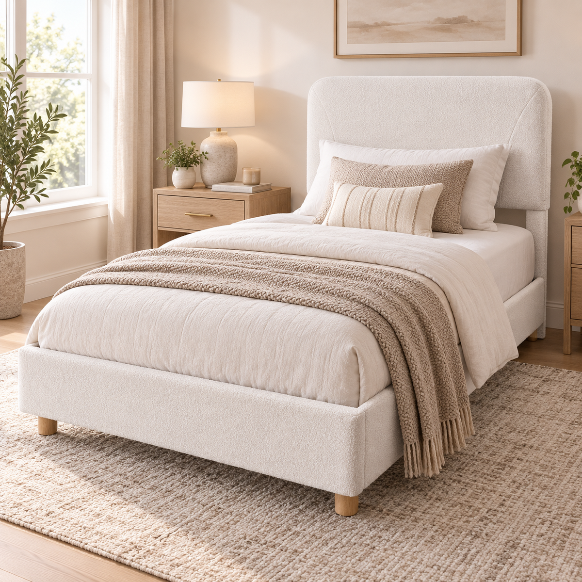 COFUNOK Twin Boucle Bed Frame with Adjustable Headboard, Upholstered Platform Bed, Wood Legs, No Box Spring Needed, Cream