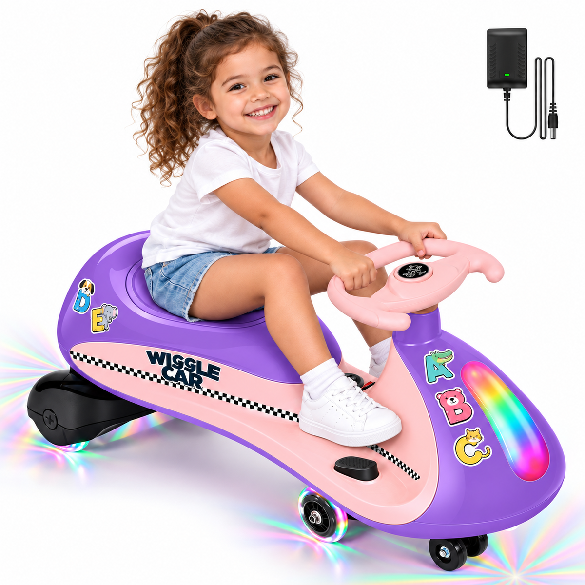COFUNOK 12V Electric Wiggle Car for Kids Ages 3+, 2-in-1 Swing Ride-on Toy, Dual Motors, 2 Speeds up to 4 mph, LED Lights, Bluetooth, 150 lbs, Purple