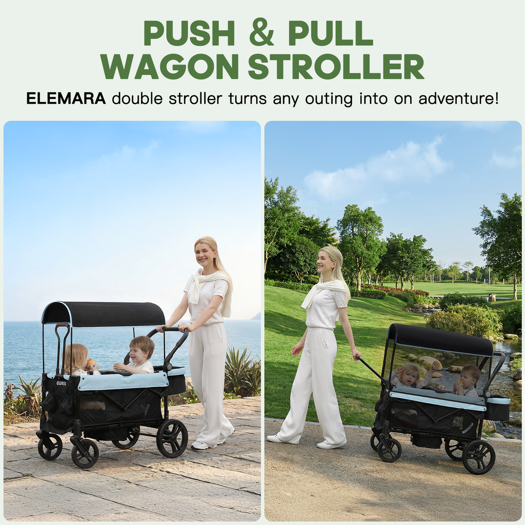 COFUNOK 2-Seater Wagon Stroller with Canopy, All-Terrain Wheels, Safety Harness, Storage Basket, Cup Holders, Portable Outdoor Wagon Stroller for Kids, Beach, Park, Picnic, Travel, Blue