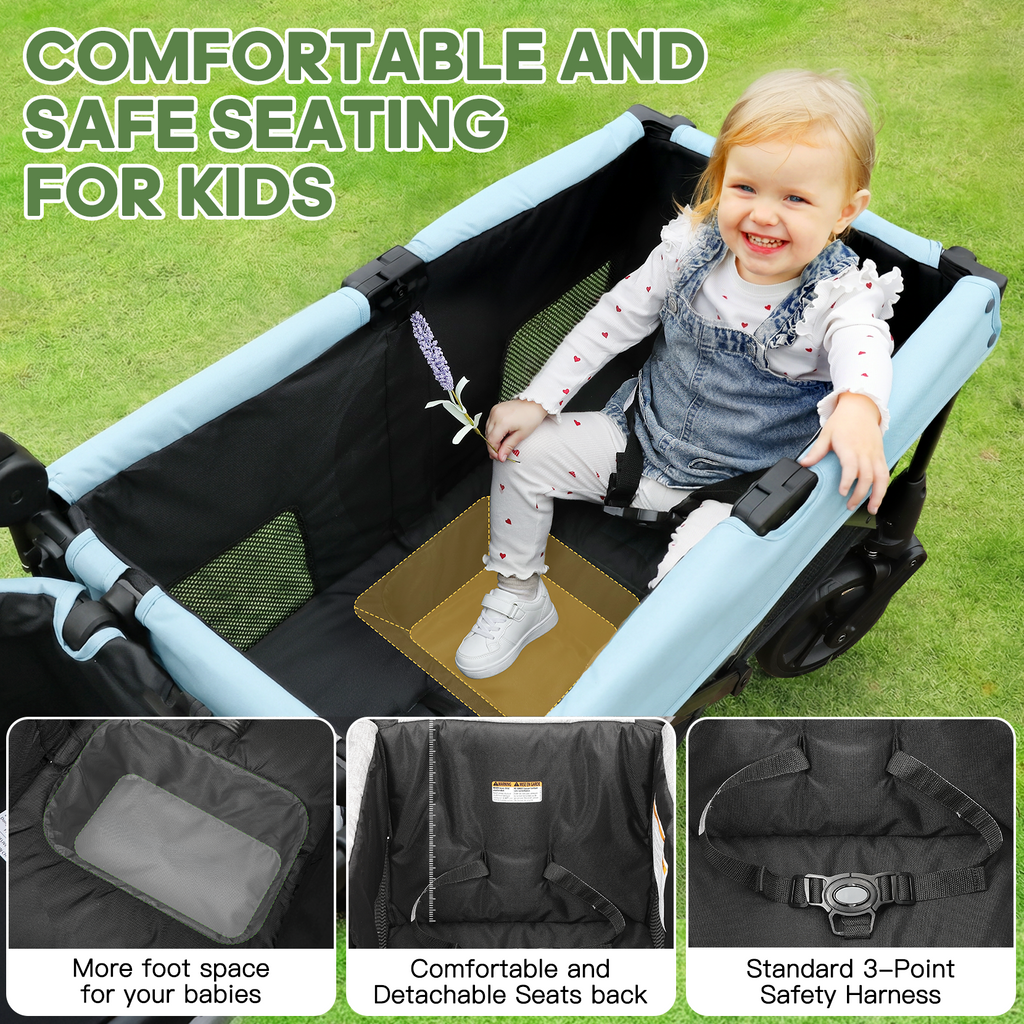 COFUNOK 2-Seater Wagon Stroller with Canopy, All-Terrain Wheels, Safety Harness, Storage Basket, Cup Holders, Portable Outdoor Wagon Stroller for Kids, Beach, Park, Picnic, Travel, Blue