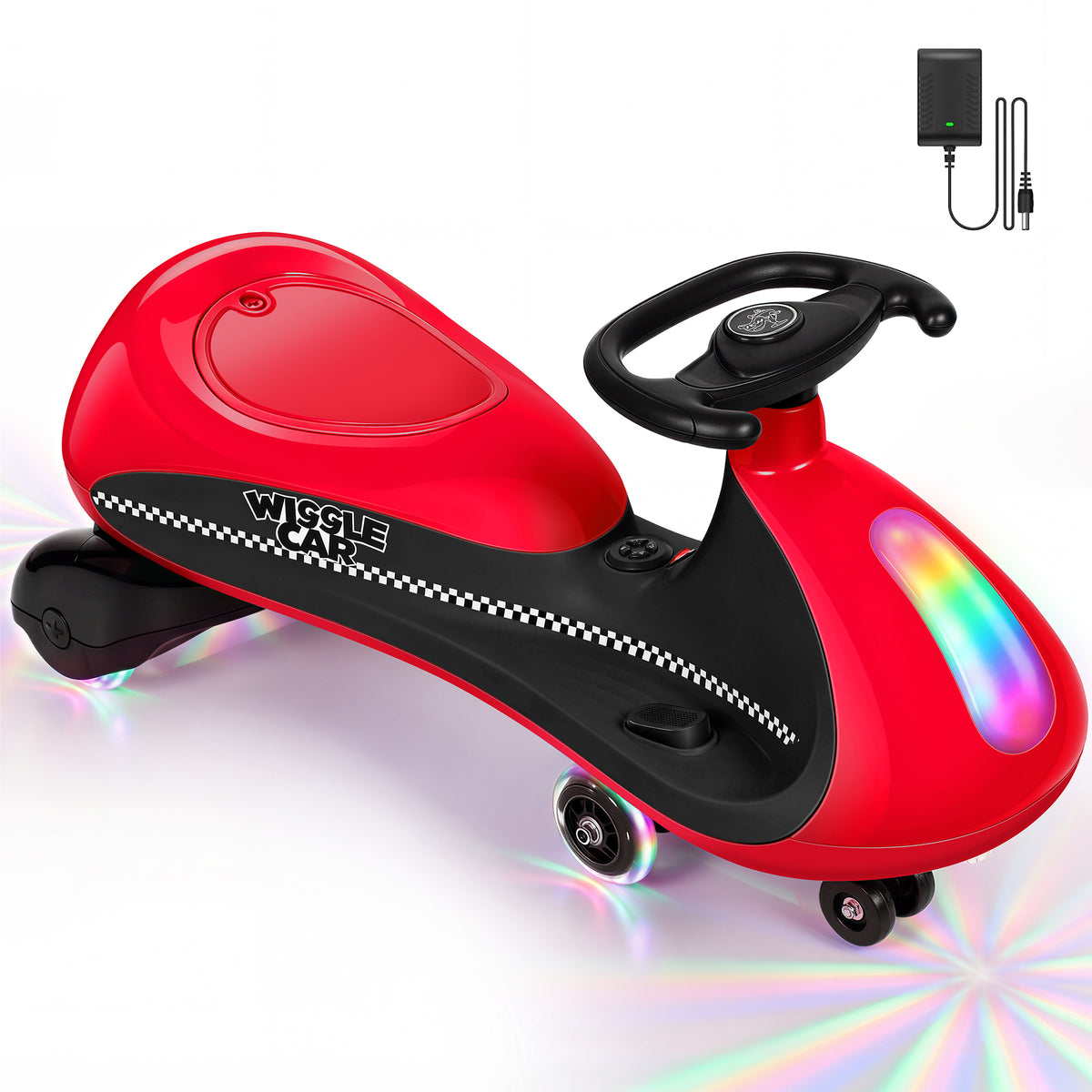 COFUNOK 12V Electric Wiggle Car for Kids Ages 3+, 2-in-1 Swing Ride-on Toy, Dual Motors, 2 Speeds up to 4 mph, LED Lights, Bluetooth, 150 lbs, Red
