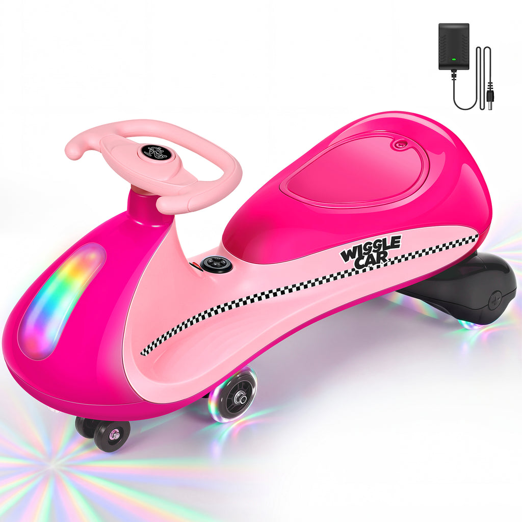 COFUNOK 12V Electric Wiggle Car for Kids Ages 3+, 2-in-1 Swing Ride-on Toy, Dual Motors, 2 Speeds up to 4 mph, LED Lights, Bluetooth, 150 lbs, Pink
