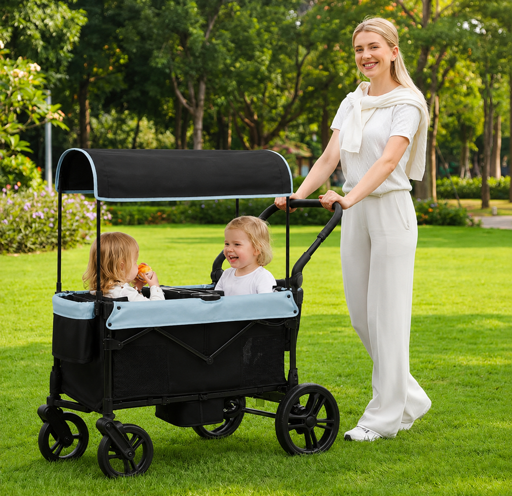 COFUNOK 2-Seater Wagon Stroller with Canopy, All-Terrain Wheels, Safety Harness, Storage Basket, Cup Holders, Portable Outdoor Wagon Stroller for Kids, Beach, Park, Picnic, Travel, Blue