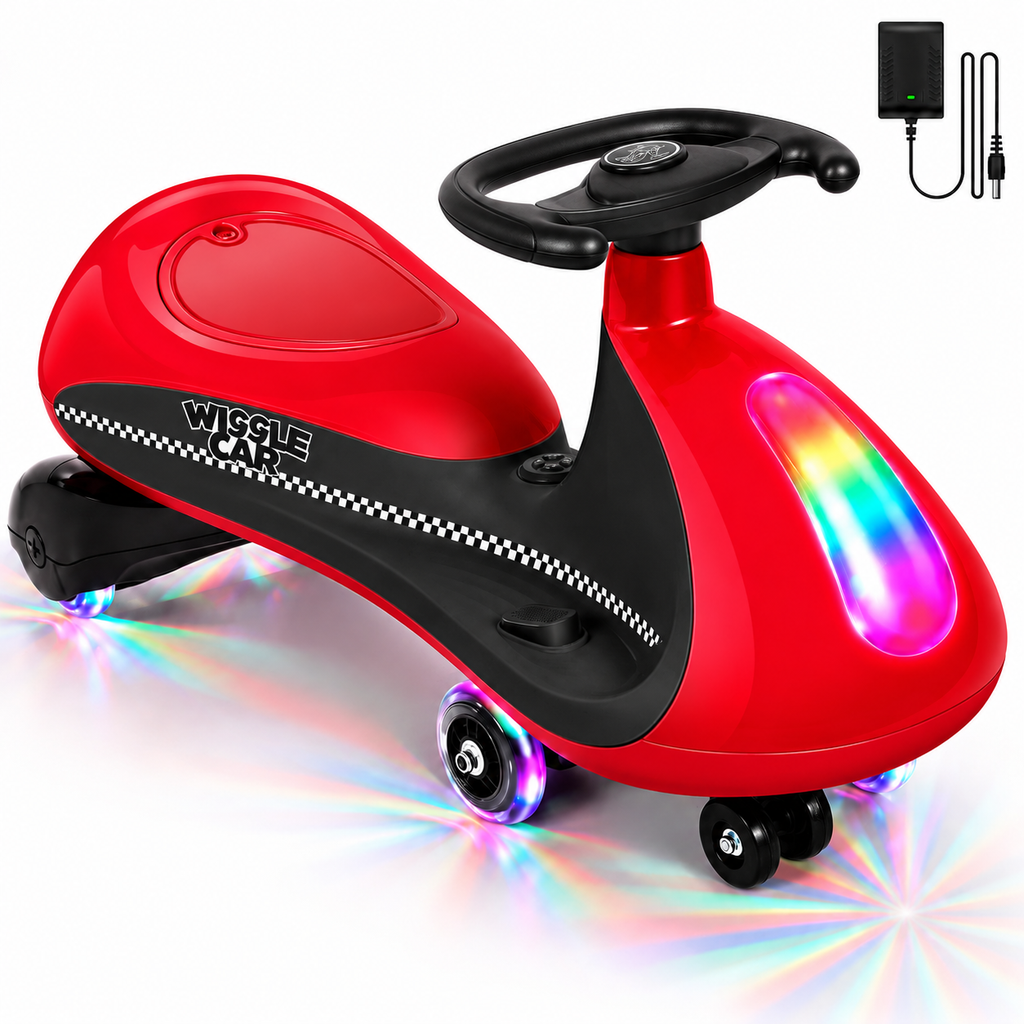 COFUNOK 12V Electric Wiggle Car for Kids Ages 3+, 2-in-1 Swing Ride-on Toy, Dual Motors, 2 Speeds up to 4 mph, LED Lights, Bluetooth, 150 lbs, Red