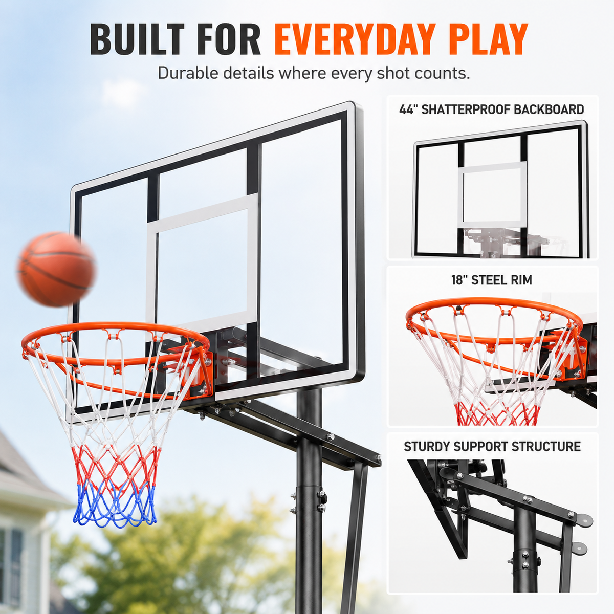 COFUNOK 44-inch Portable Basketball Hoop, 5.58-10 ft Adjustable Height, Shatterproof Backboard, Outdoor Basketball Goal with Wheels & Removable Ball Return for Kids & Adults