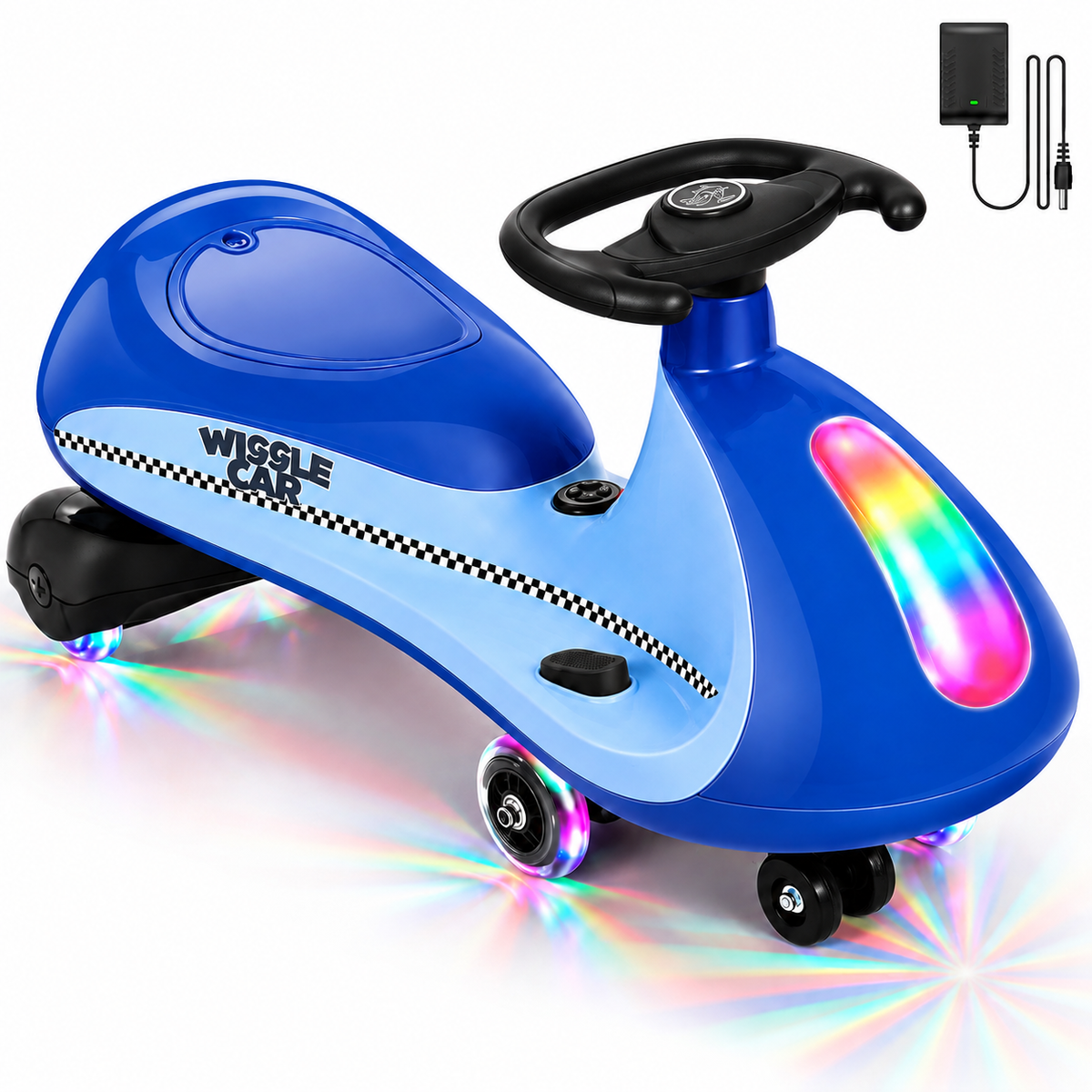 COFUNOK 12V Electric Wiggle Car for Kids Ages 3+, 2-in-1 Swing Ride-on Toy, Dual Motors, 2 Speeds up to 4 mph, LED Lights, Bluetooth, 150 lbs, Blue
