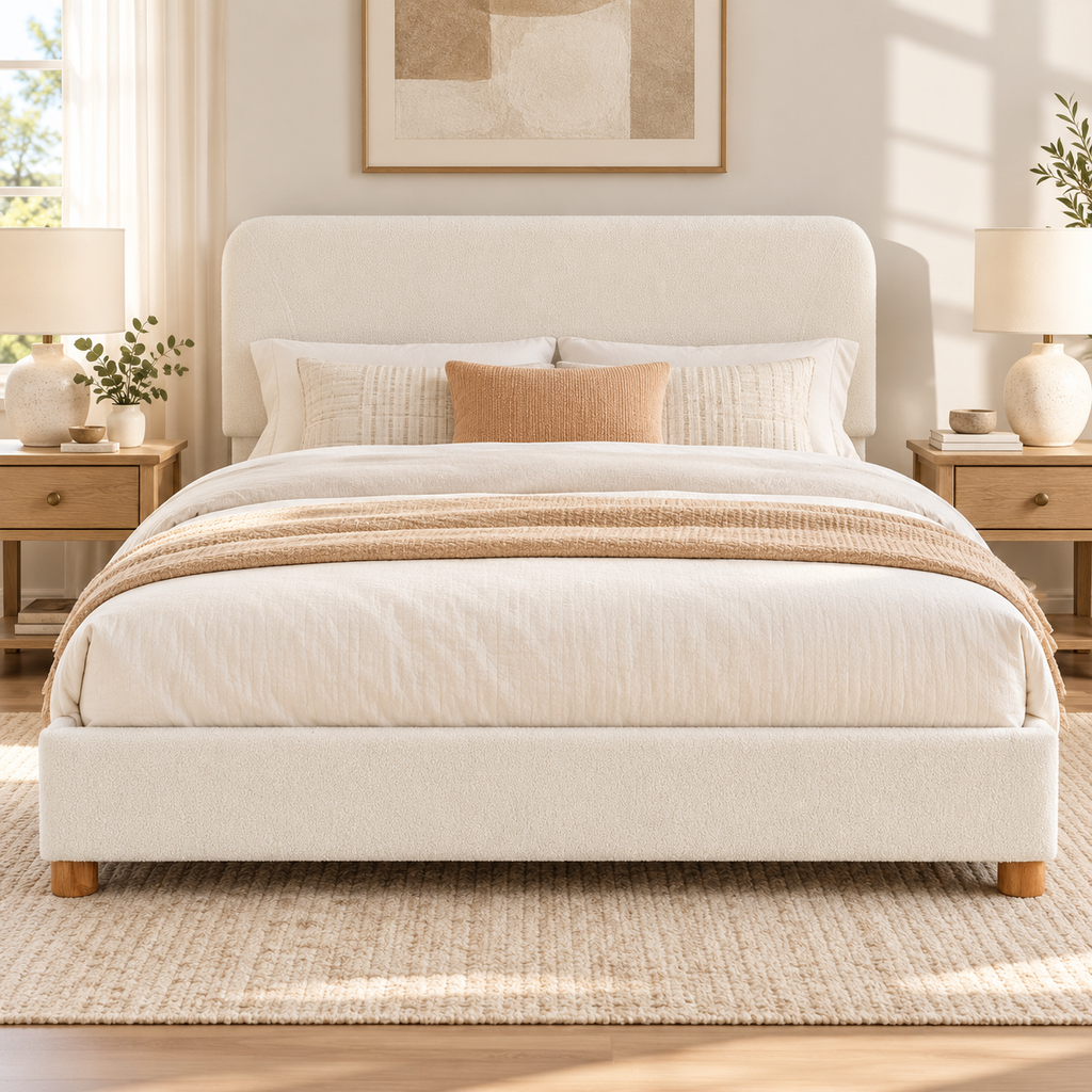 COFUNOK Full Boucle Bed Frame with Adjustable Headboard, Upholstered Platform Bed, Wood Legs, No Box Spring Needed, Cream