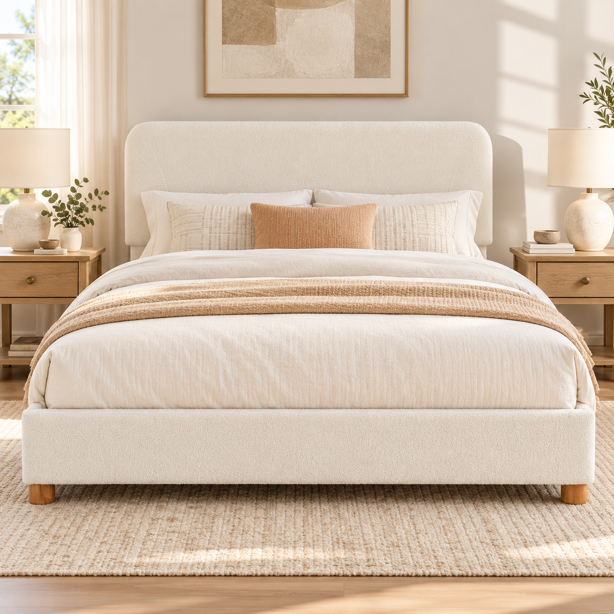 COFUNOK Queen Boucle Bed Frame with Adjustable Headboard, Upholstered Platform Bed, Wood Legs, No Box Spring Needed, Cream