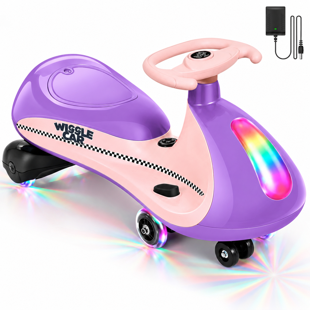 COFUNOK 12V Electric Wiggle Car for Kids Ages 3+, 2-in-1 Swing Ride-on Toy, Dual Motors, 2 Speeds up to 4 mph, LED Lights, Bluetooth, 150 lbs, Purple