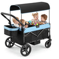 COFUNOK 4 Seater Wagon Stroller for Kids, Foldable Stroller Wagon with Adjustable Canopy, Push & Pull Handles, Snack Tray, Storage Bag, Blue