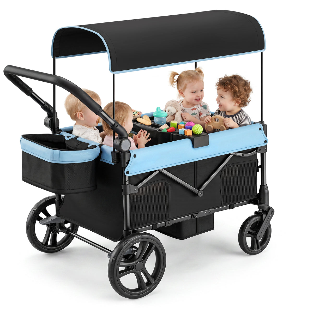 COFUNOK 4 Seater Wagon Stroller for Kids, Foldable Stroller Wagon with Adjustable Canopy, Push & Pull Handles, Snack Tray, Storage Bag, Blue