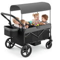 COFUNOK Folding Wagon Stroller for 4 Kids, 4-Seat Collapsible Stroller Wagon with Adjustable Canopy, Adjustable Handle and Large Storage Basket, Grey