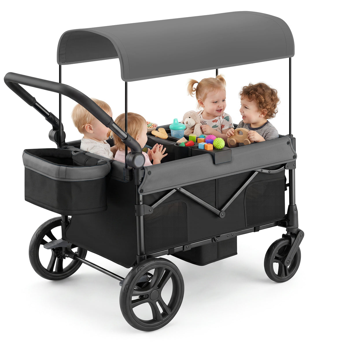 COFUNOK Folding Wagon Stroller for 4 Kids, 4-Seat Collapsible Stroller Wagon with Adjustable Canopy, Adjustable Handle and Large Storage Basket, Grey