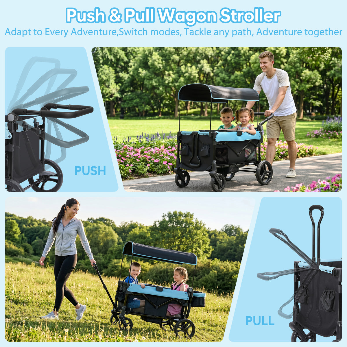 COFUNOK 4 Seater Wagon Stroller for Kids, Foldable Stroller Wagon with Adjustable Canopy, Push & Pull Handles, Snack Tray, Storage Bag, Blue