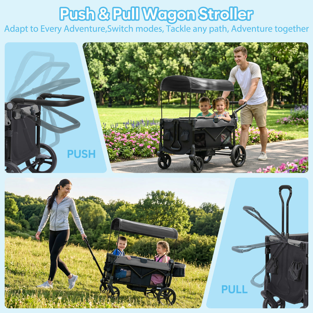 COFUNOK Folding Wagon Stroller for 4 Kids, 4-Seat Collapsible Stroller Wagon with Adjustable Canopy, Adjustable Handle and Large Storage Basket, Grey