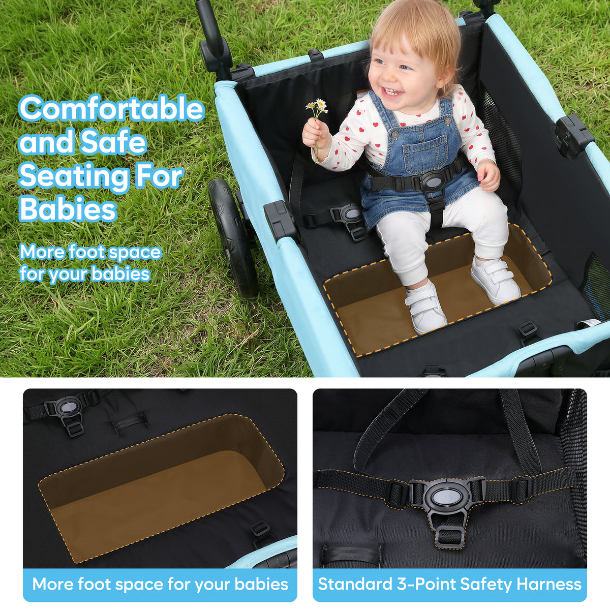 COFUNOK 4 Seater Wagon Stroller for Kids, Foldable Stroller Wagon with Adjustable Canopy, Push & Pull Handles, Snack Tray, Storage Bag, Blue