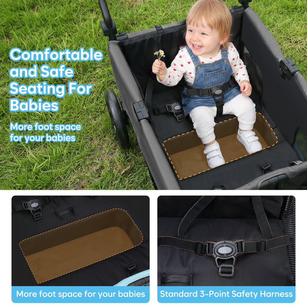 COFUNOK Folding Wagon Stroller for 4 Kids, 4-Seat Collapsible Stroller Wagon with Adjustable Canopy, Adjustable Handle and Large Storage Basket, Grey