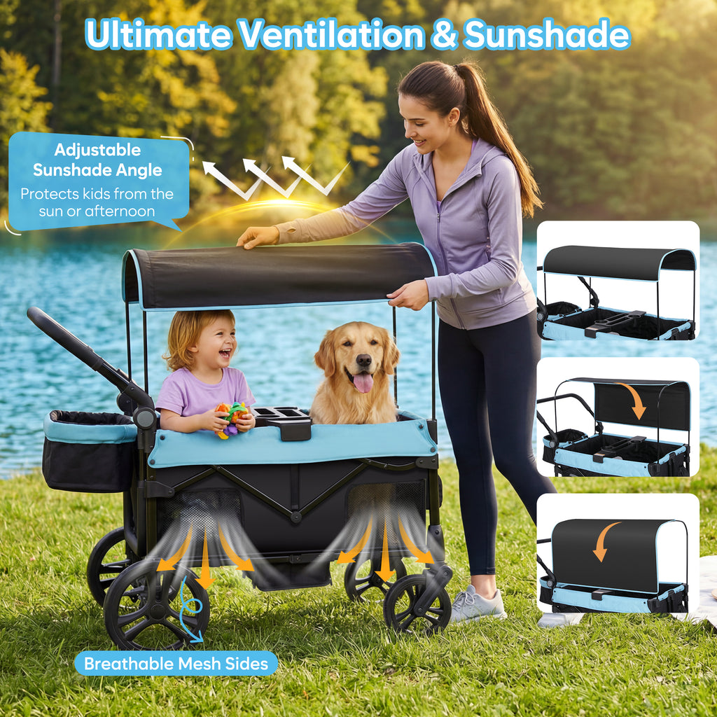 COFUNOK 4 Seater Wagon Stroller for Kids, Foldable Stroller Wagon with Adjustable Canopy, Push & Pull Handles, Snack Tray, Storage Bag, Blue
