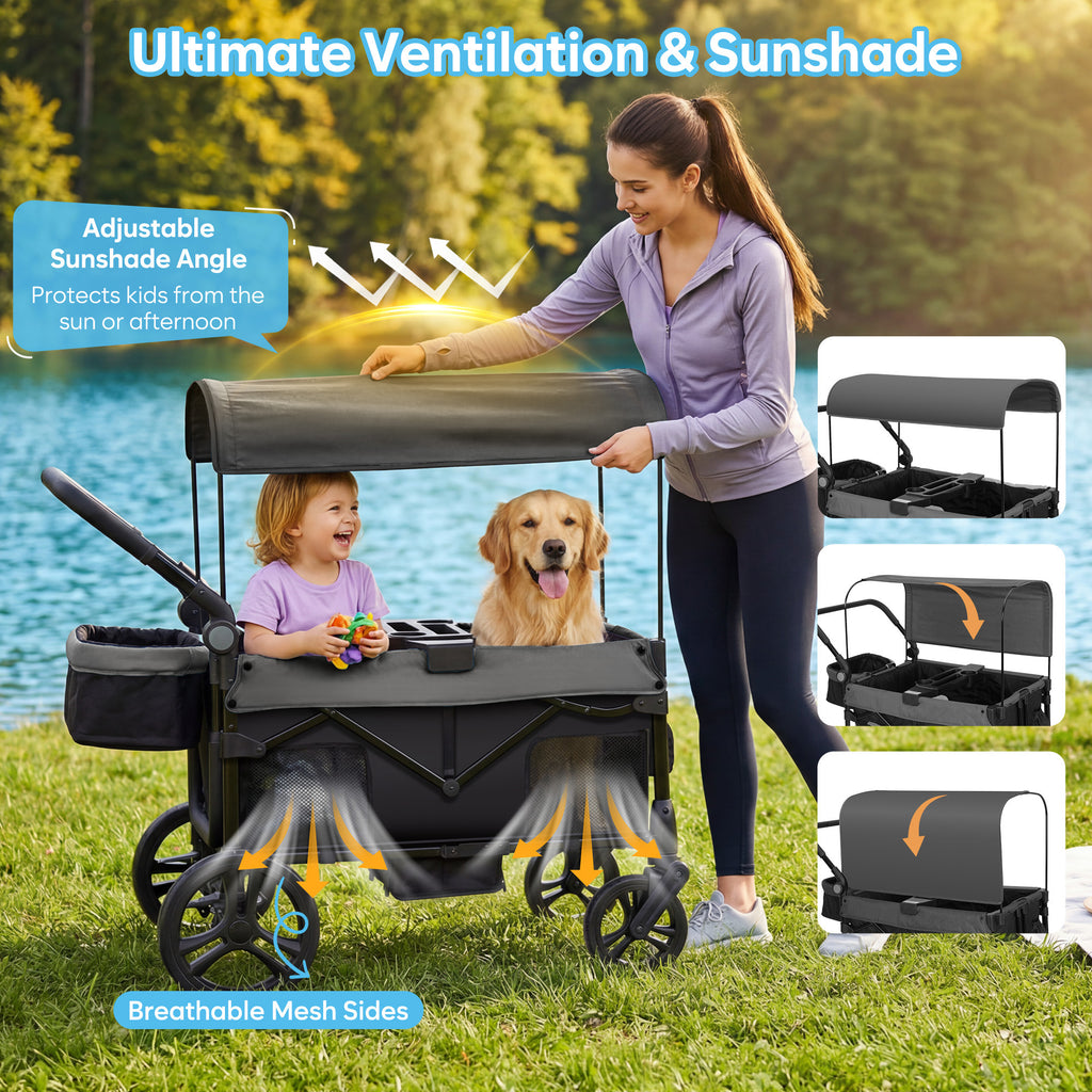 COFUNOK Folding Wagon Stroller for 4 Kids, 4-Seat Collapsible Stroller Wagon with Adjustable Canopy, Adjustable Handle and Large Storage Basket, Grey