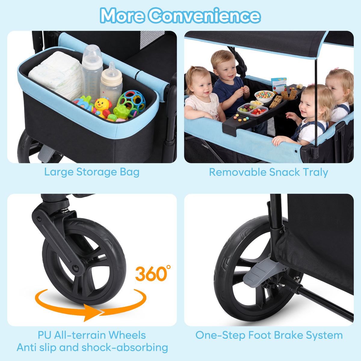 COFUNOK 4 Seater Wagon Stroller for Kids, Foldable Stroller Wagon with Adjustable Canopy, Push & Pull Handles, Snack Tray, Storage Bag, Blue