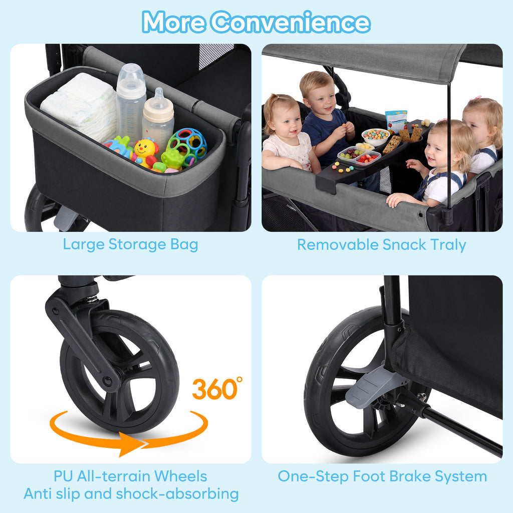 COFUNOK Folding Wagon Stroller for 4 Kids, 4-Seat Collapsible Stroller Wagon with Adjustable Canopy, Adjustable Handle and Large Storage Basket, Grey
