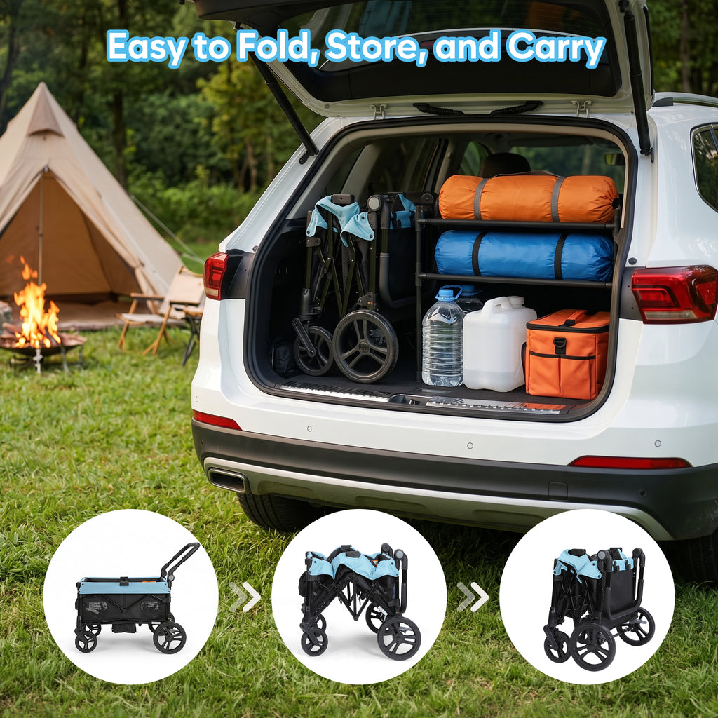 COFUNOK 4 Seater Wagon Stroller for Kids, Foldable Stroller Wagon with Adjustable Canopy, Push & Pull Handles, Snack Tray, Storage Bag, Blue