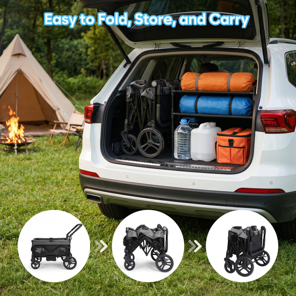 COFUNOK Folding Wagon Stroller for 4 Kids, 4-Seat Collapsible Stroller Wagon with Adjustable Canopy, Adjustable Handle and Large Storage Basket, Grey