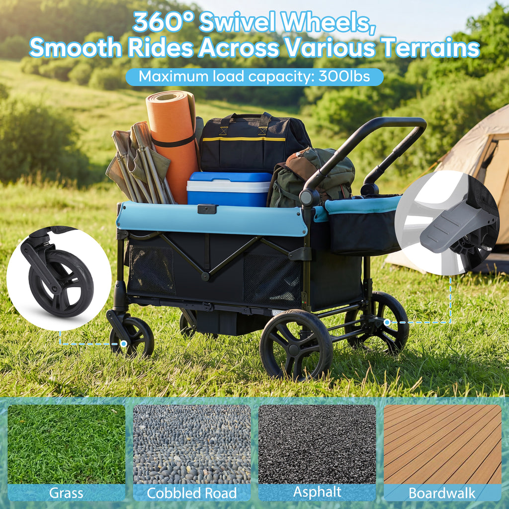 COFUNOK 4 Seater Wagon Stroller for Kids, Foldable Stroller Wagon with Adjustable Canopy, Push & Pull Handles, Snack Tray, Storage Bag, Blue