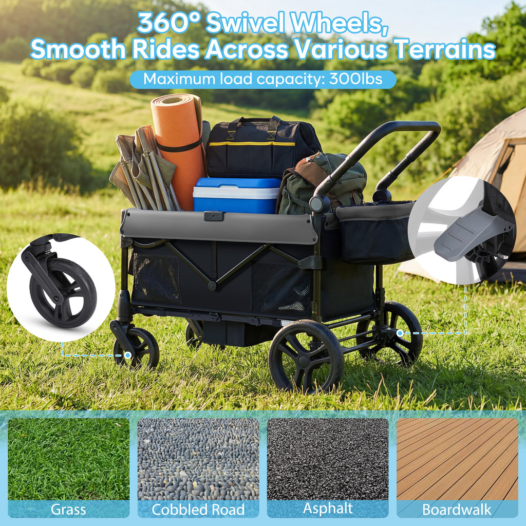 COFUNOK Folding Wagon Stroller for 4 Kids, 4-Seat Collapsible Stroller Wagon with Adjustable Canopy, Adjustable Handle and Large Storage Basket, Grey