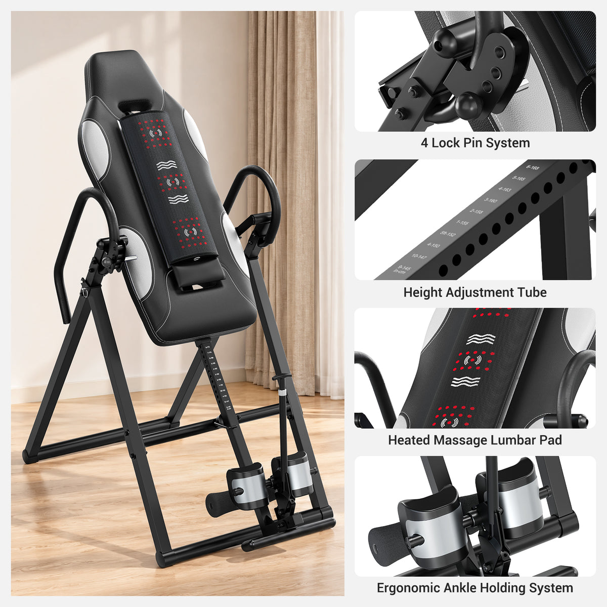 Heavy Duty Inversion Table, 300lb Capacity whit Back Heat and Massage