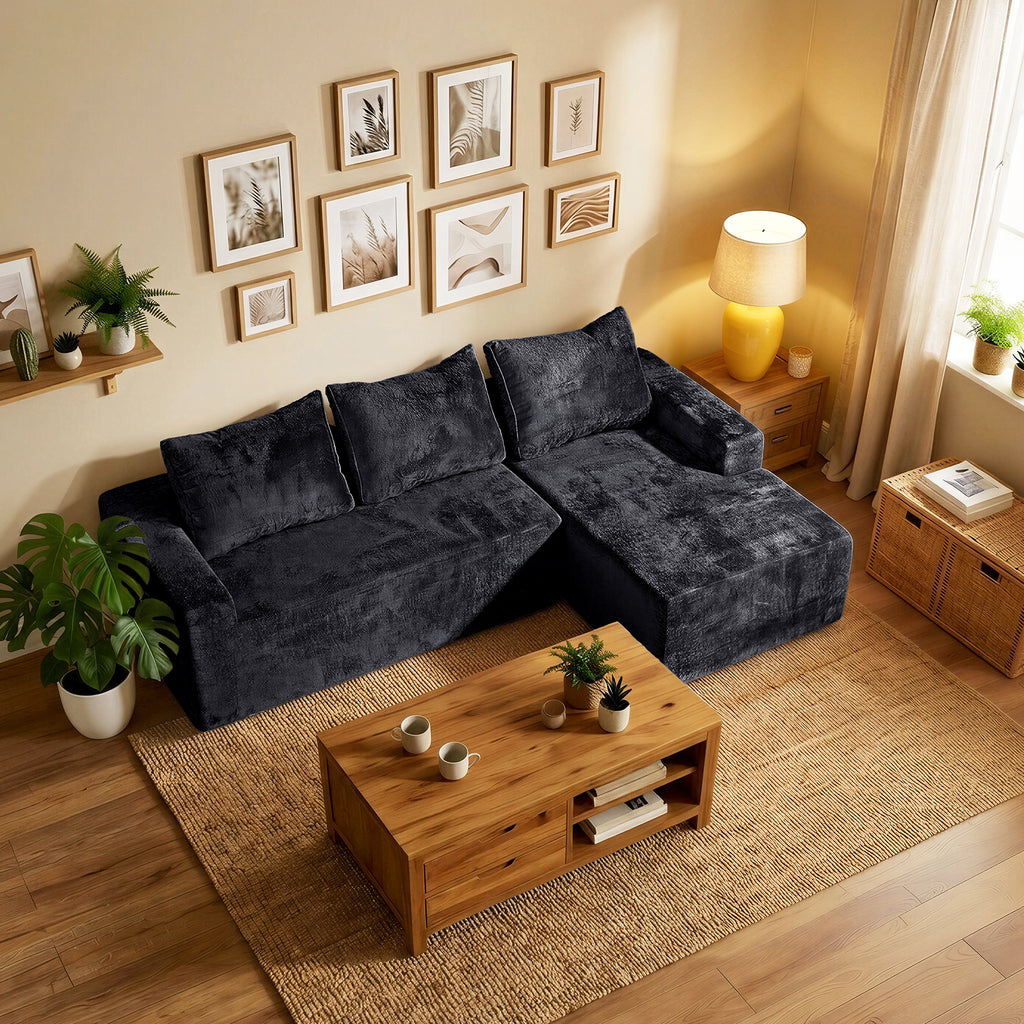 Boneless Couches for Living Room, L-Shape Sectional Sofa in a Box, Right Facing Chaise, Black