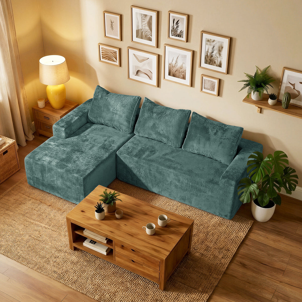 COFUNOK Boneless Couches for Living Room, 94" L-Shaped Sectional Sofa, Corduroy, Left Chaise, Green