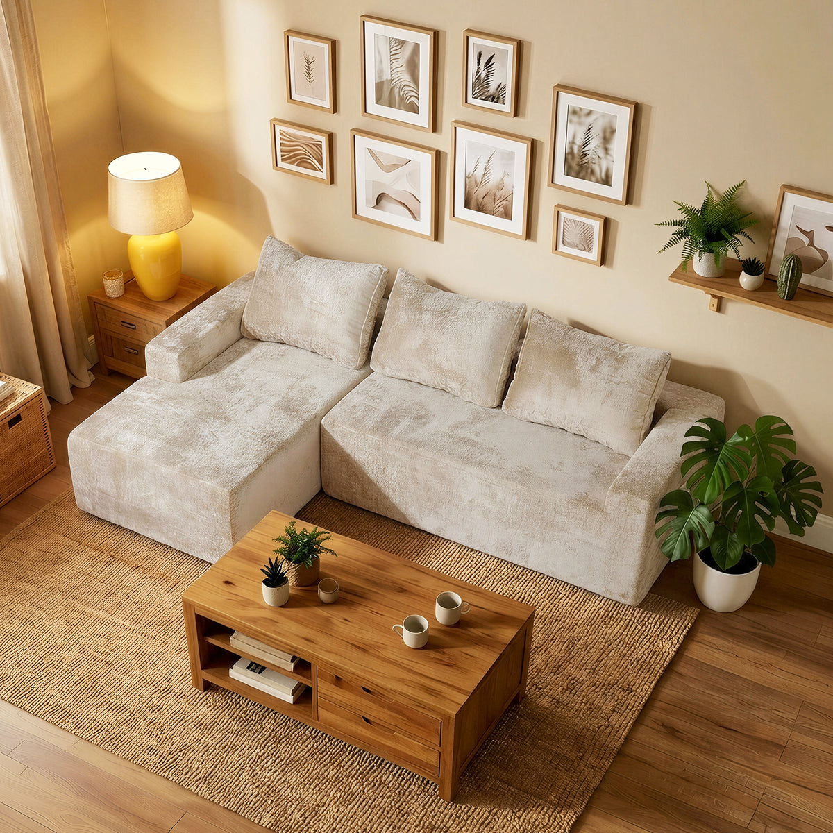 COFUNOK Boneless Couches for Living Room, 94" L-Shaped Sectional Sofa, Corduroy, Left Chaise, Camel