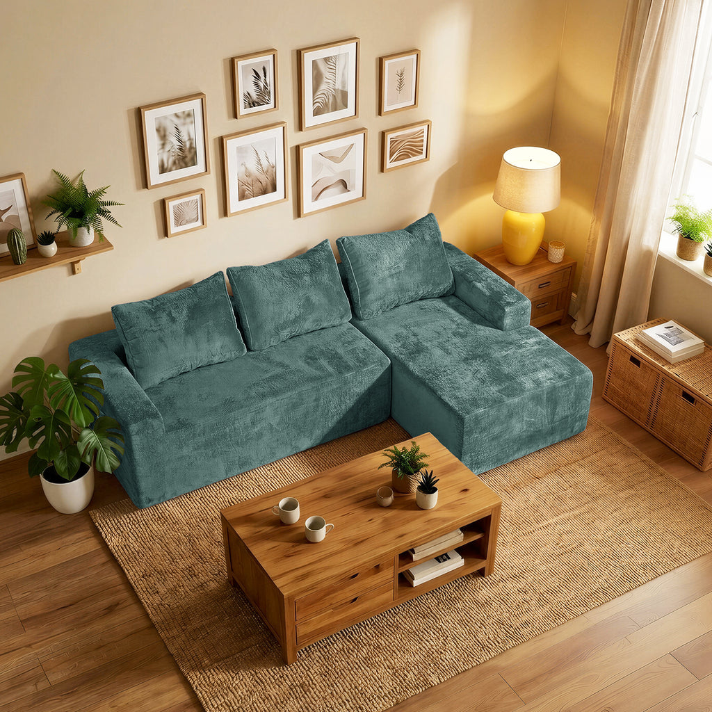 COFUNOK Boneless Couches for Living Room, 94" L-Shaped Sectional Sofa, Corduroy, Right Chaise, Green