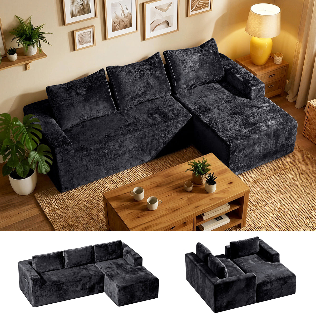Boneless Couches for Living Room, L-Shape Sectional Sofa in a Box, Right Facing Chaise, Black